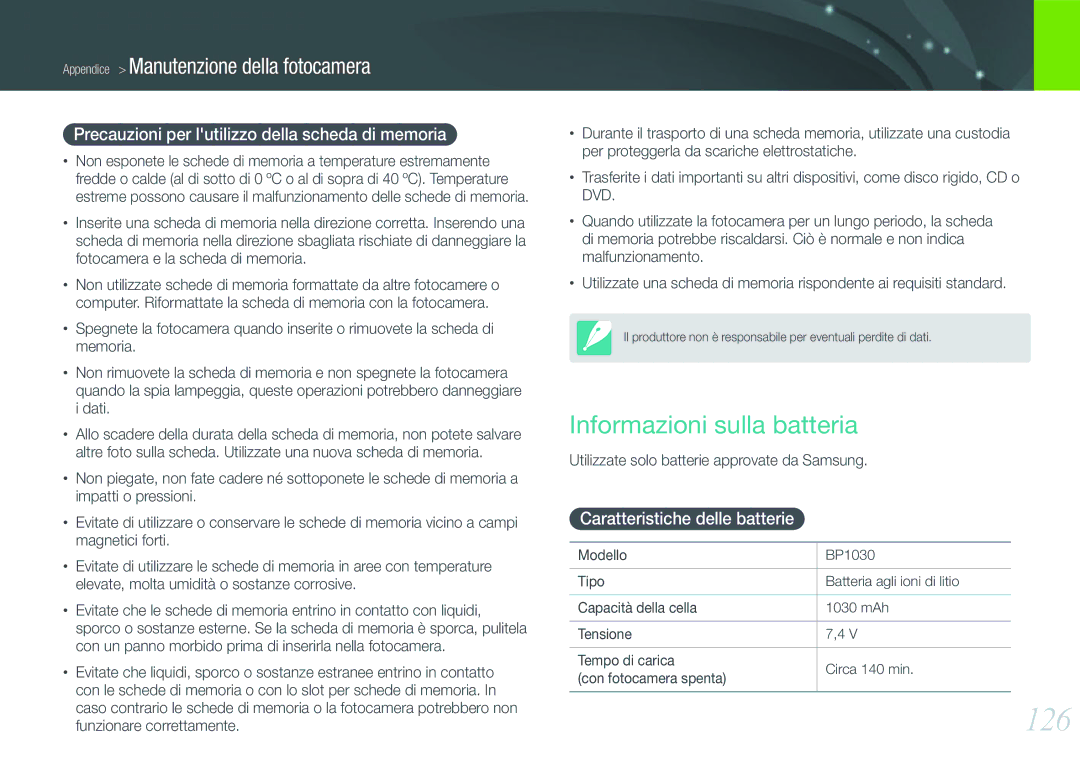 Samsung EV-NX200ZBABIT, EV-NX200ZBSBIT 126, Informazioni sulla batteria, Precauzioni per lutilizzo della scheda di memoria 