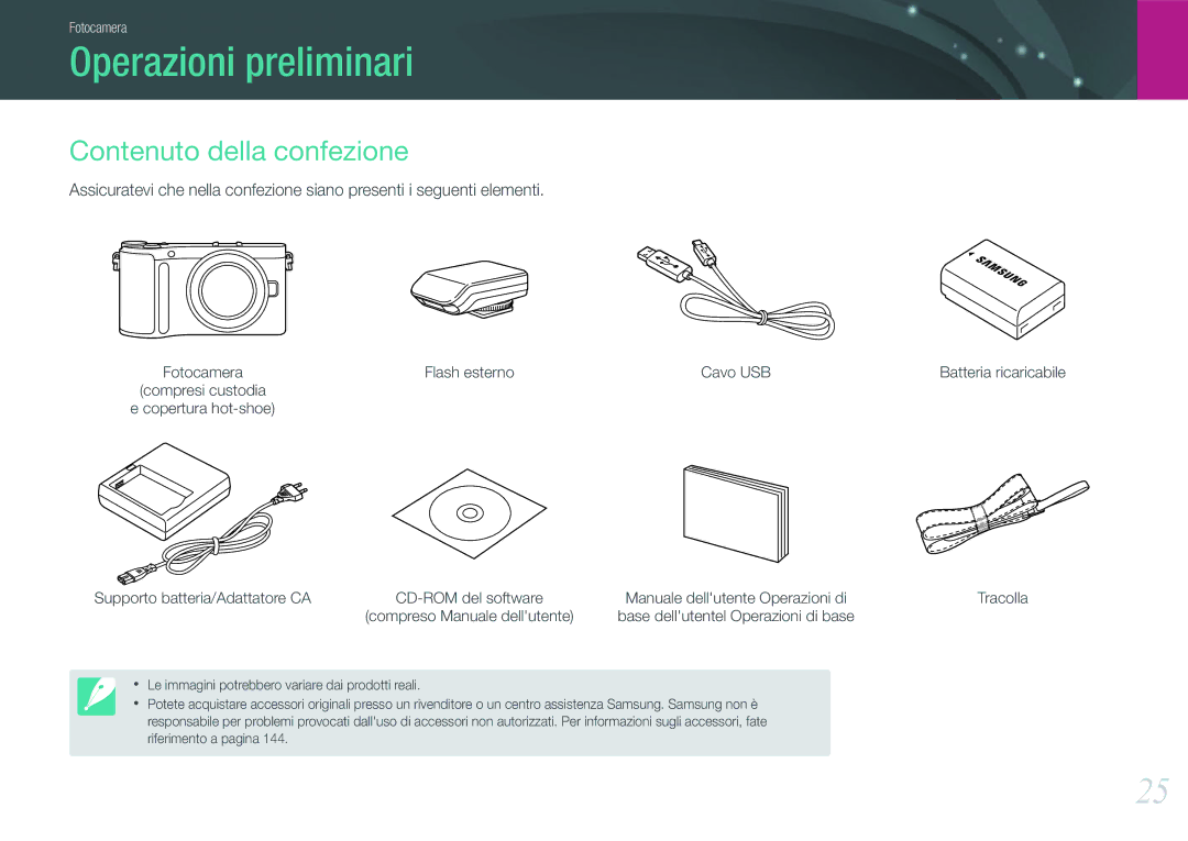 Samsung EV-NX200ZBSBIT, EV-NX200ZBABIT manual Operazioni preliminari, Contenuto della confezione, Flash esterno Cavo USB 