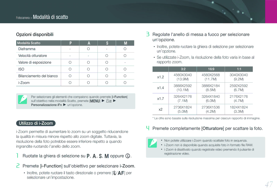 Samsung EV-NX200ZBSBIT, EV-NX200ZBABIT manual Opzioni disponibili, Utilizzo di i-Zoom 