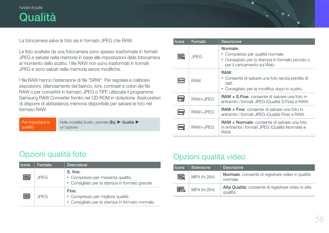 Samsung EV-NX200ZBABIT, EV-NX200ZBSBIT manual Qualità, Opzioni qualità foto, Opzioni qualità video 