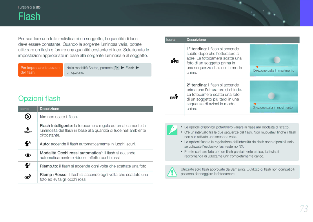 Samsung EV-NX200ZBSBIT, EV-NX200ZBABIT manual Flash, Opzioni ﬂash 