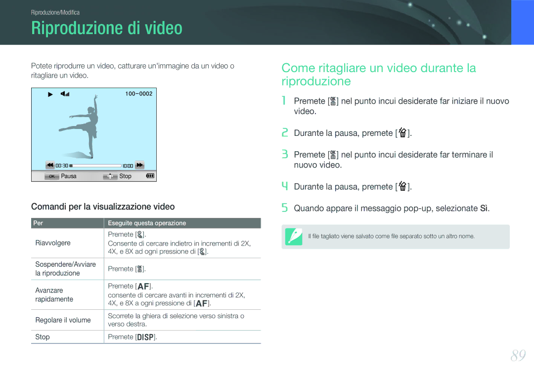 Samsung EV-NX200ZBSBIT, EV-NX200ZBABIT manual Riproduzione di video, Come ritagliare un video durante la riproduzione 