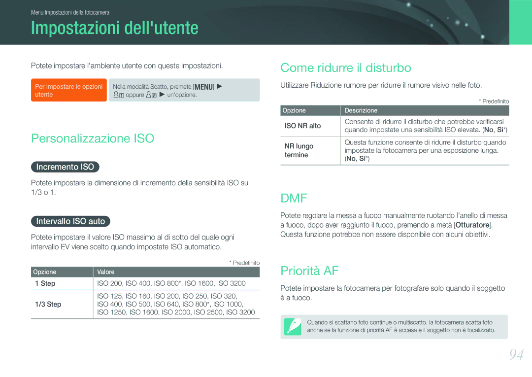 Samsung EV-NX200ZBABIT manual Impostazioni dellutente, Personalizzazione ISO, Come ridurre il disturbo, Priorità AF 