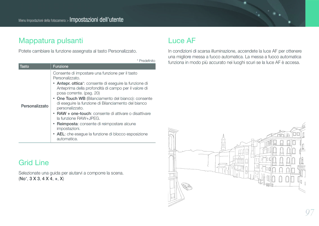 Samsung EV-NX200ZBSBIT, EV-NX200ZBABIT manual Mappatura pulsanti, Luce AF, Grid Line, Personalizzato 