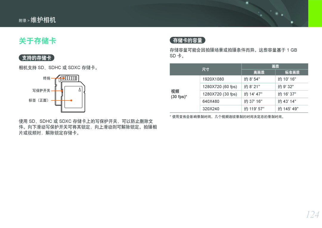 Samsung EV-NX200ZBSBSE, EV-NX200ZBSBDK, EV-NX200ZBABCH, EV-NX200ZBABSE, EV-NX200ZBABHU manual 124, 关于存储卡, 支持的存储卡, 存储卡的容量 