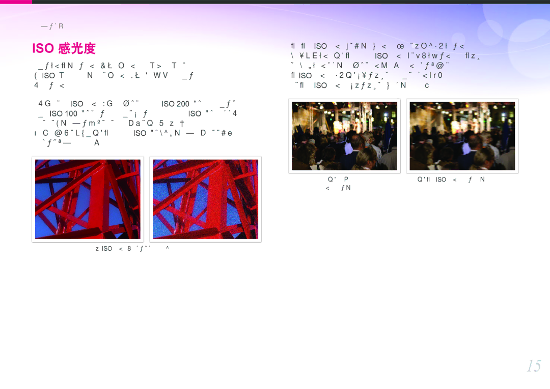 Samsung EV-NX200ZBSBDK manual 影像的曝光由相机的感光度决定。此感光度基于国际胶卷标准，, Iso 标准。在数码相机上，此感光度额定值用于表示拍摄影像的数, 速度以允许更多光进入相机。例如，在光线充足、阳光明媚的白天， 