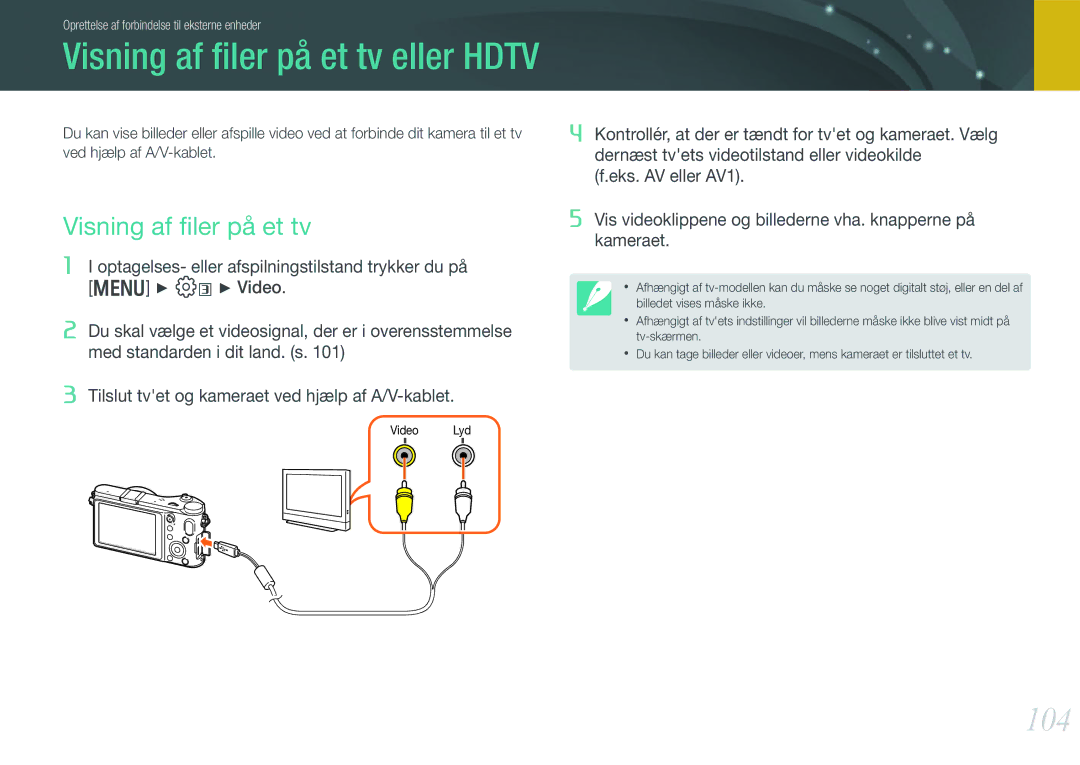 Samsung EV-NX200ZBSBDK, EV-NX200ZBSBSE manual 104, Visning af ﬁler på et tv 