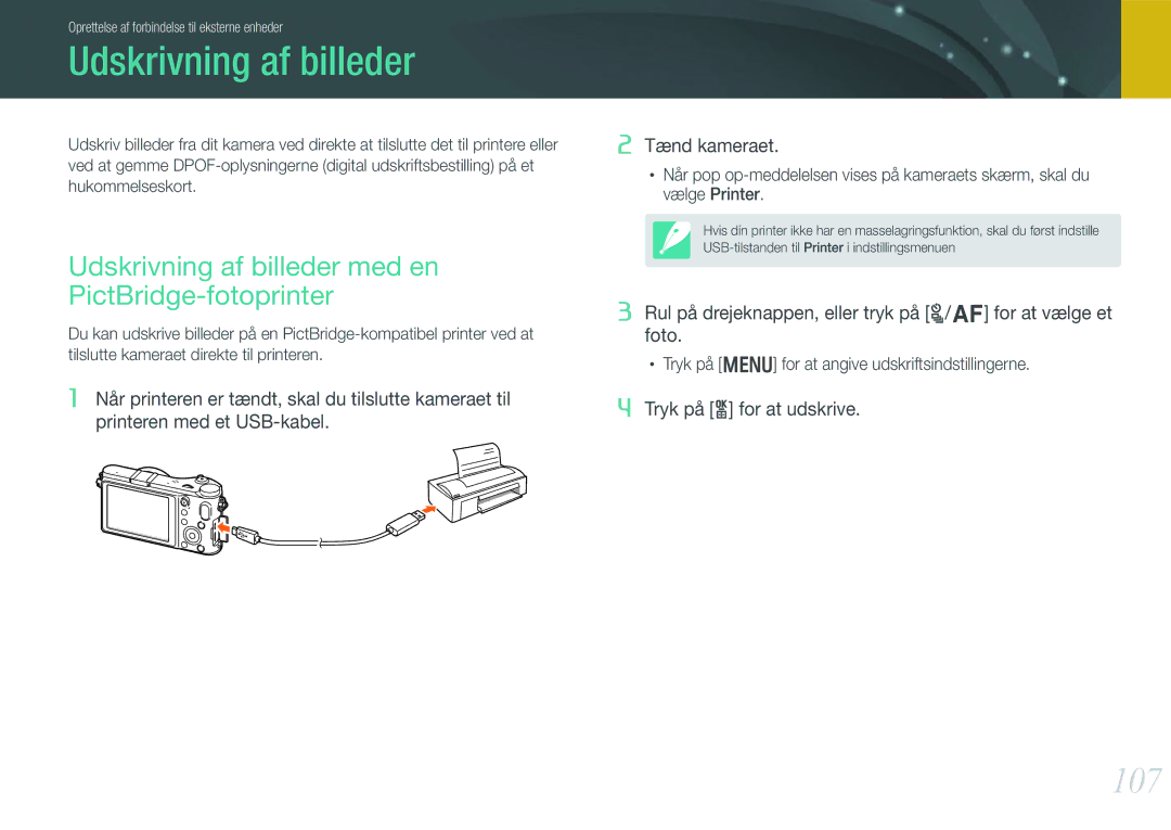 Samsung EV-NX200ZBSBSE, EV-NX200ZBSBDK manual 107, Udskrivning af billeder med en PictBridge-fotoprinter 