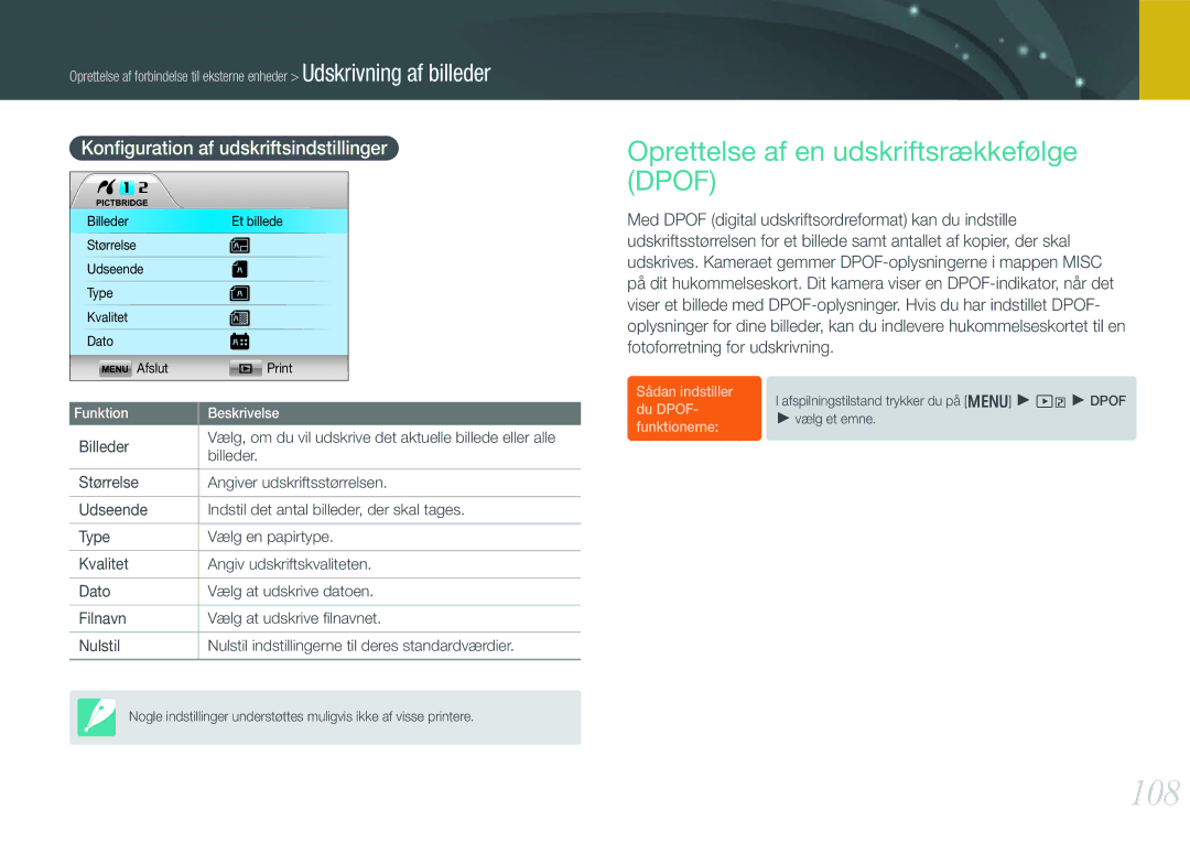 Samsung EV-NX200ZBSBDK 108, Oprettelse af en udskriftsrækkefølge Dpof, Konﬁguration af udskriftsindstillinger, Billeder 