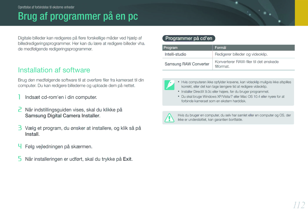 Samsung EV-NX200ZBSBDK, EV-NX200ZBSBSE manual Brug af programmer på en pc, 112, Installation af software, Programmer på cden 