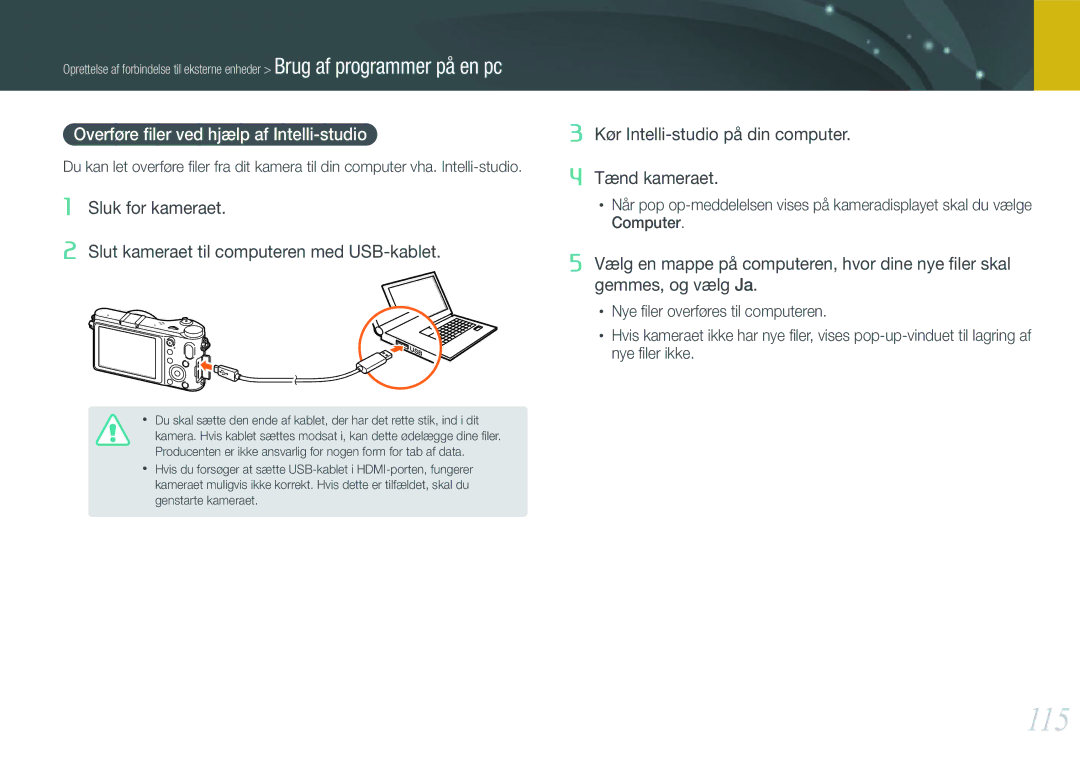 Samsung EV-NX200ZBSBSE, EV-NX200ZBSBDK manual 115, Overføre ﬁler ved hjælp af Intelli-studio 