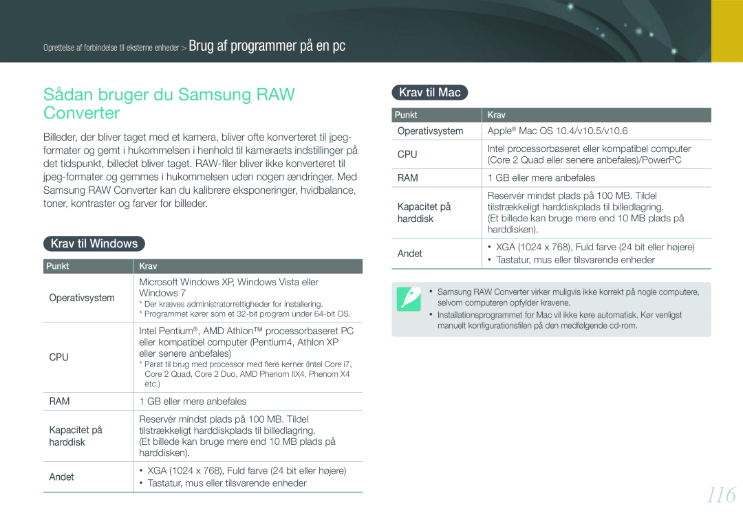 Samsung EV-NX200ZBSBDK, EV-NX200ZBSBSE manual 116, Sådan bruger du Samsung RAW Converter, Krav til Windows, Krav til Mac 