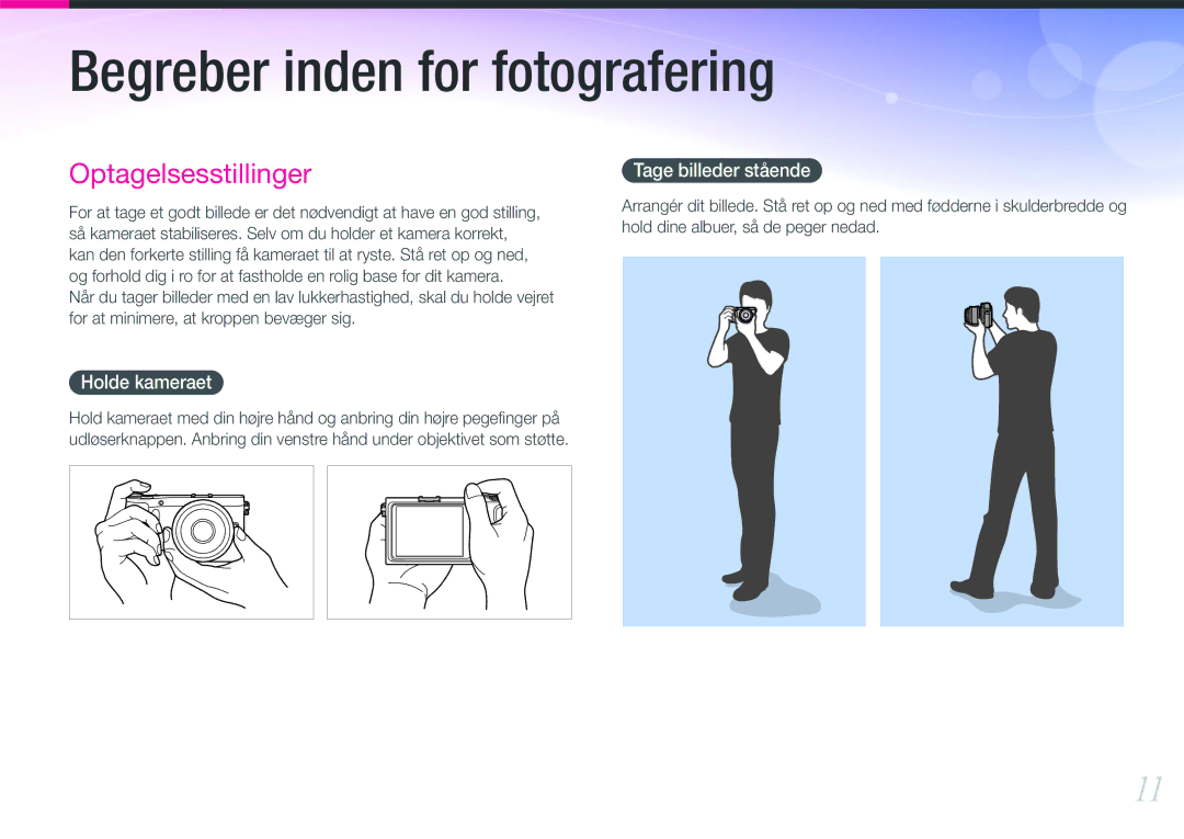 Samsung EV-NX200ZBSBSE, EV-NX200ZBSBDK manual Holde kameraet, Tage billeder stående 