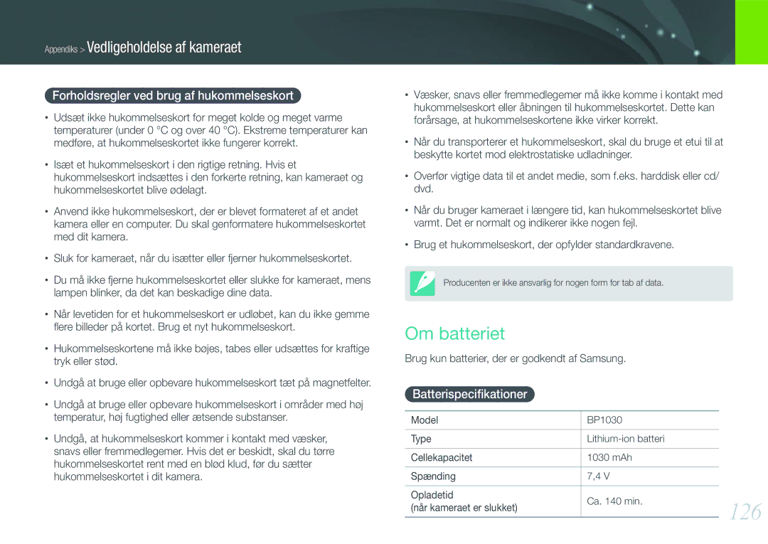 Samsung EV-NX200ZBSBDK manual 126, Om batteriet, Forholdsregler ved brug af hukommelseskort, Batterispeciﬁkationer 