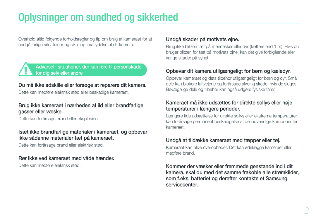 Samsung EV-NX200ZBSBDK, EV-NX200ZBSBSE manual Oplysninger om sundhed og sikkerhed 