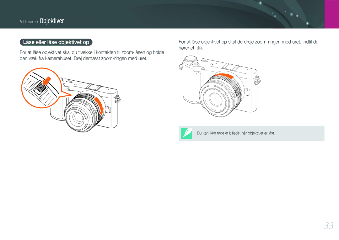 Samsung EV-NX200ZBSBSE, EV-NX200ZBSBDK manual Låse eller låse objektivet op, Hører et klik 