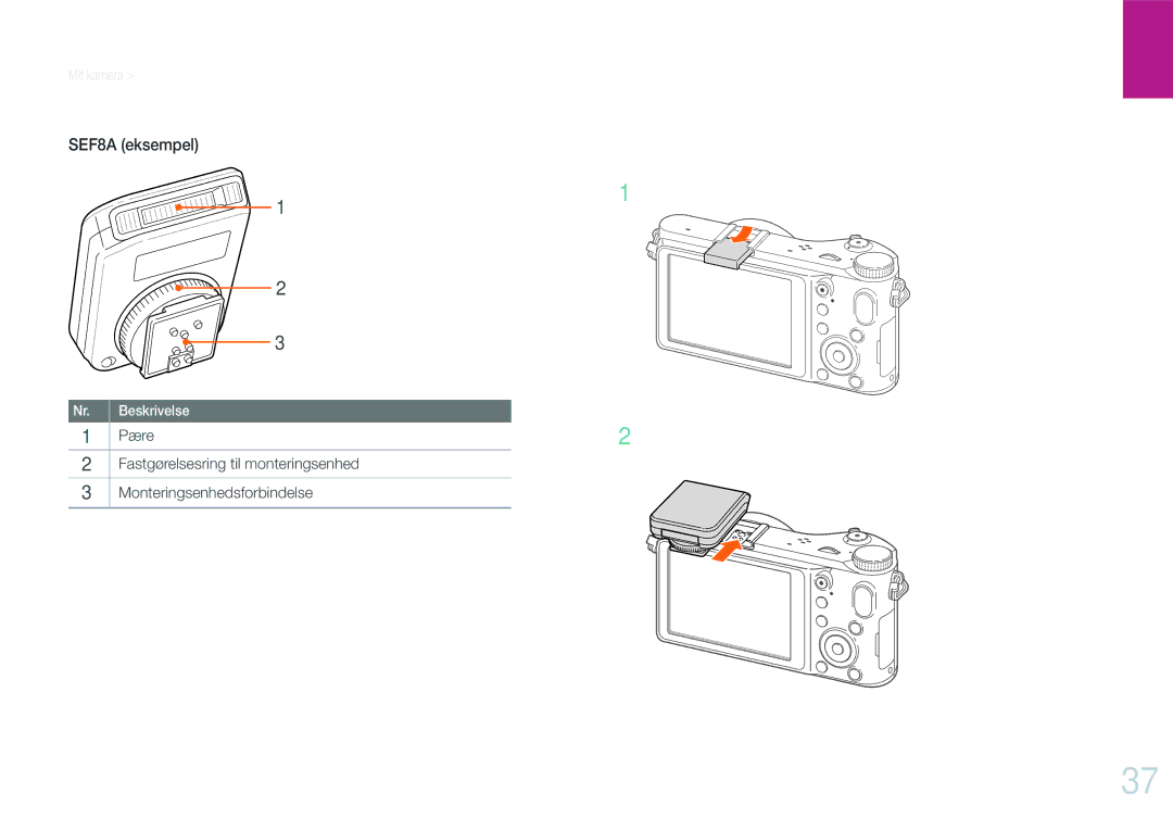 Samsung EV-NX200ZBSBSE, EV-NX200ZBSBDK manual Montering af blitzen 