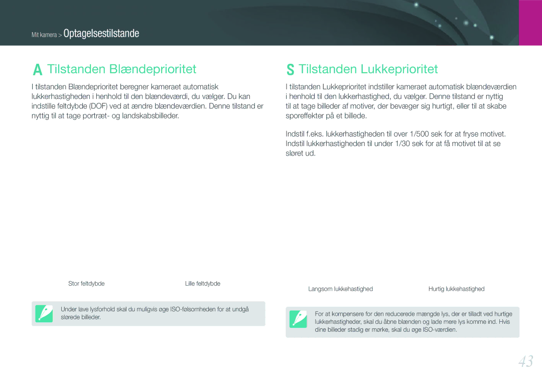 Samsung EV-NX200ZBSBSE, EV-NX200ZBSBDK manual Tilstanden Blændeprioritet Tilstanden Lukkeprioritet 