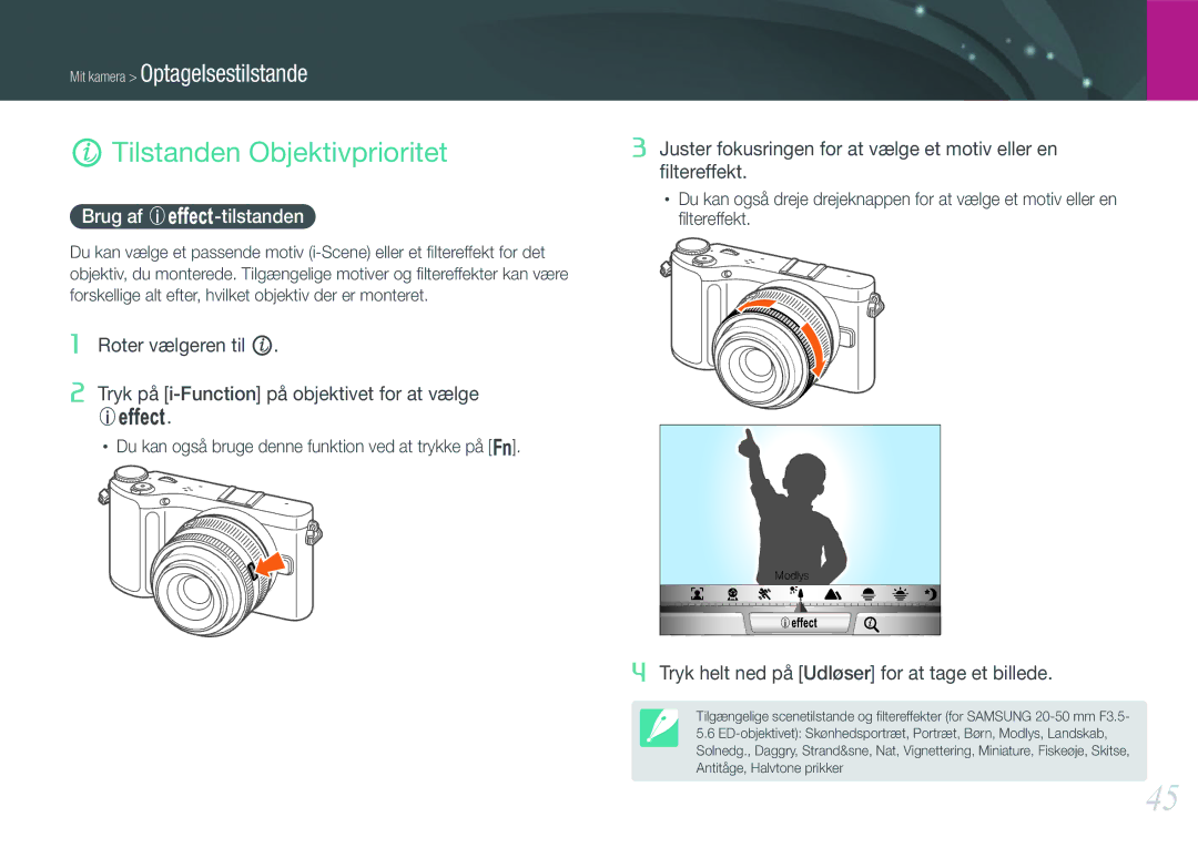 Samsung EV-NX200ZBSBSE, EV-NX200ZBSBDK manual Tilstanden Objektivprioritet, Brug af E-tilstanden 