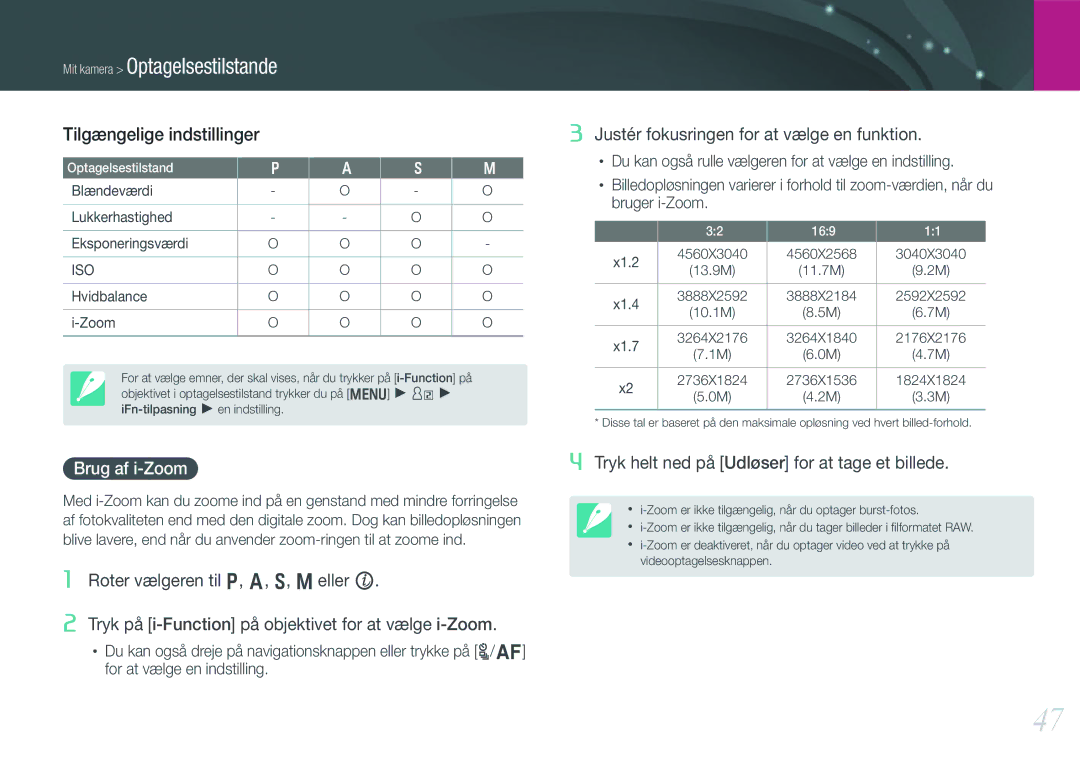 Samsung EV-NX200ZBSBSE, EV-NX200ZBSBDK manual Tilgængelige indstillinger, Brug af i-Zoom 