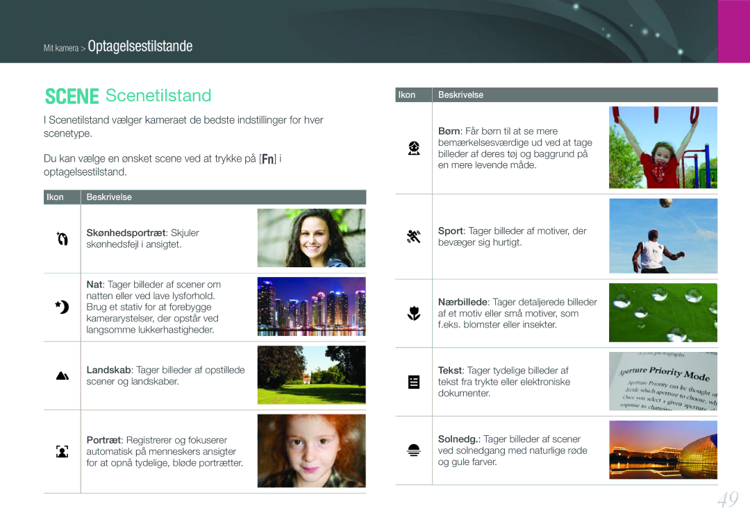 Samsung EV-NX200ZBSBSE, EV-NX200ZBSBDK manual Scenetilstand, Skønhedsportræt Skjuler skønhedsfejl i ansigtet 