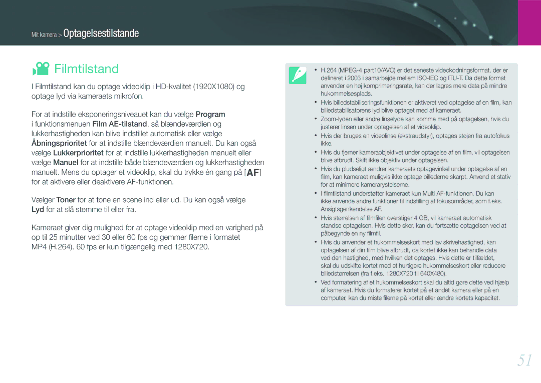 Samsung EV-NX200ZBSBSE, EV-NX200ZBSBDK manual Filmtilstand, MP4 H.264 fps er kun tilgængelig med 