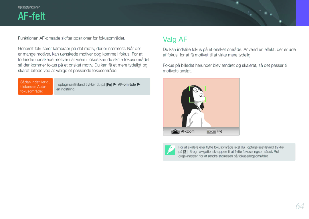 Samsung EV-NX200ZBSBDK, EV-NX200ZBSBSE manual AF-felt, Valg AF, Funktionen AF-område skifter positioner for fokusområdet 