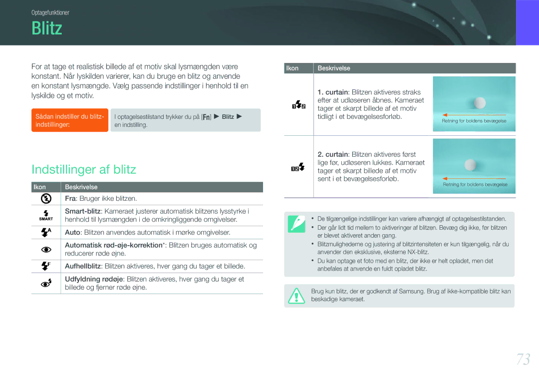 Samsung EV-NX200ZBSBSE, EV-NX200ZBSBDK manual Blitz, Indstillinger af blitz 