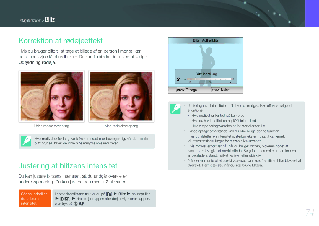 Samsung EV-NX200ZBSBDK, EV-NX200ZBSBSE manual Korrektion af rødøjeeffekt, Justering af blitzens intensitet 