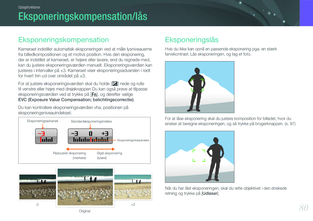 Samsung EV-NX200ZBSBDK, EV-NX200ZBSBSE manual Eksponeringskompensation/lås, Eksponeringslås 