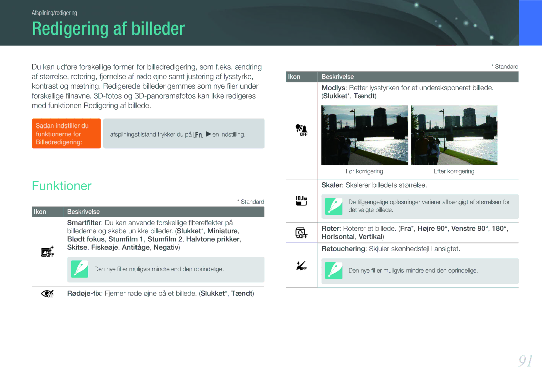 Samsung EV-NX200ZBSBSE, EV-NX200ZBSBDK manual Redigering af billeder, Funktioner 