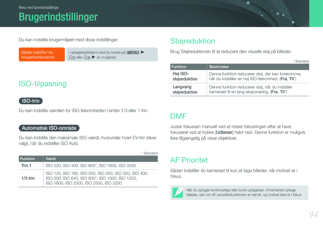 Samsung EV-NX200ZBSBDK, EV-NX200ZBSBSE manual Brugerindstillinger, ISO-tilpasning, Støjreduktion, AF Prioritet 