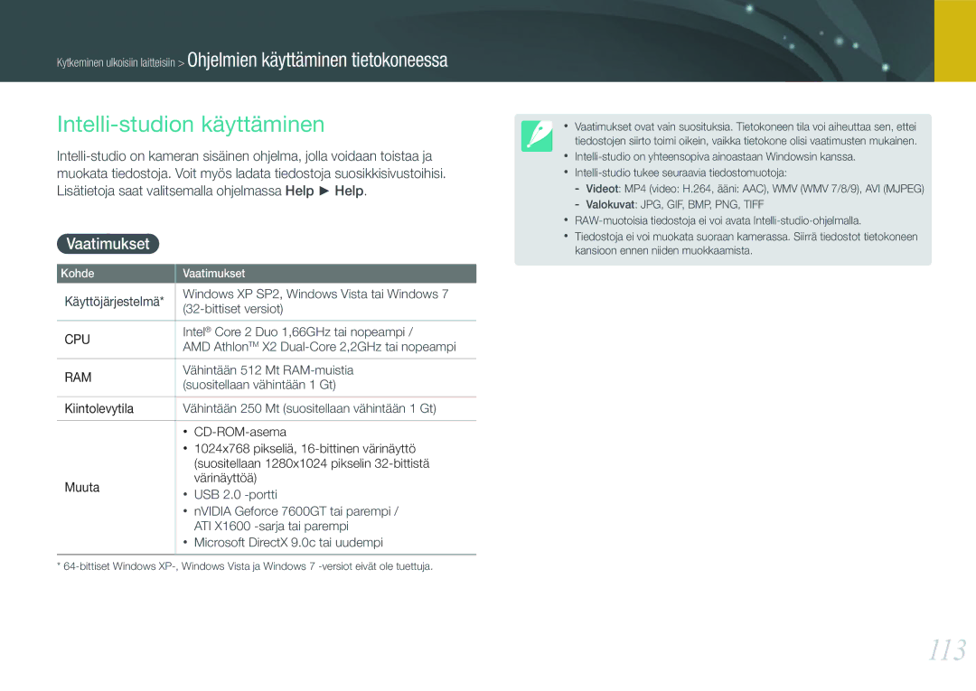 Samsung EV-NX200ZBSBSE, EV-NX200ZBSBDK manual 113, Intelli-studion käyttäminen, Vaatimukset 