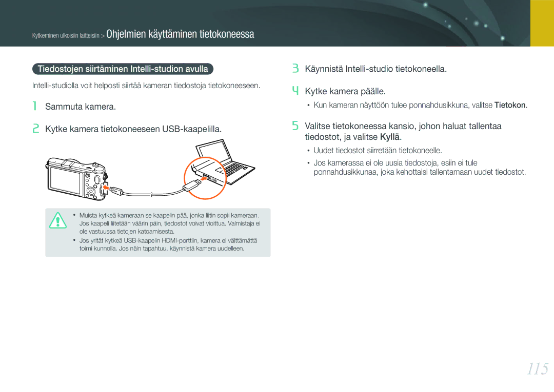 Samsung EV-NX200ZBSBSE, EV-NX200ZBSBDK manual 115, Tiedostojen siirtäminen Intelli-studion avulla 