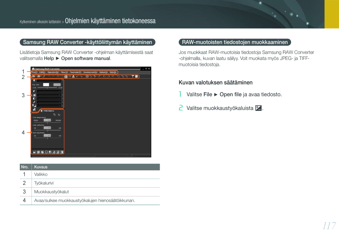 Samsung EV-NX200ZBSBSE manual 117, Kuvan valotuksen säätäminen, Samsung RAW Converter -käyttöliittymän käyttäminen 