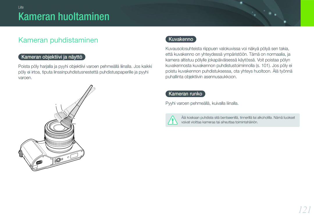 Samsung EV-NX200ZBSBSE, EV-NX200ZBSBDK manual Kameran huoltaminen, 121, Kameran puhdistaminen 