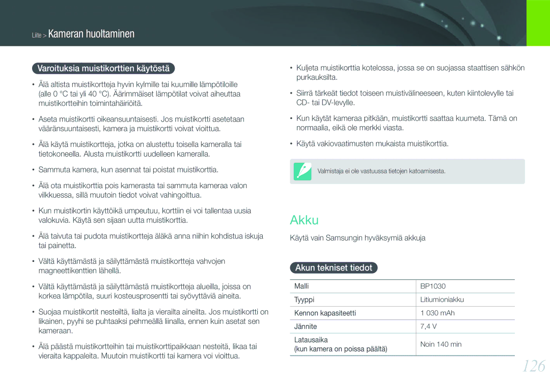 Samsung EV-NX200ZBSBDK, EV-NX200ZBSBSE manual 126, Akku, Varoituksia muistikorttien käytöstä, Akun tekniset tiedot 