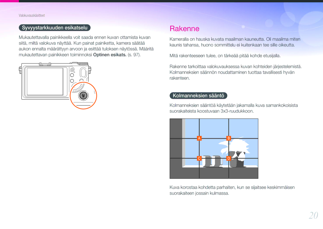 Samsung EV-NX200ZBSBDK, EV-NX200ZBSBSE manual Syvyystarkkuuden esikatselu, Kolmanneksien sääntö 