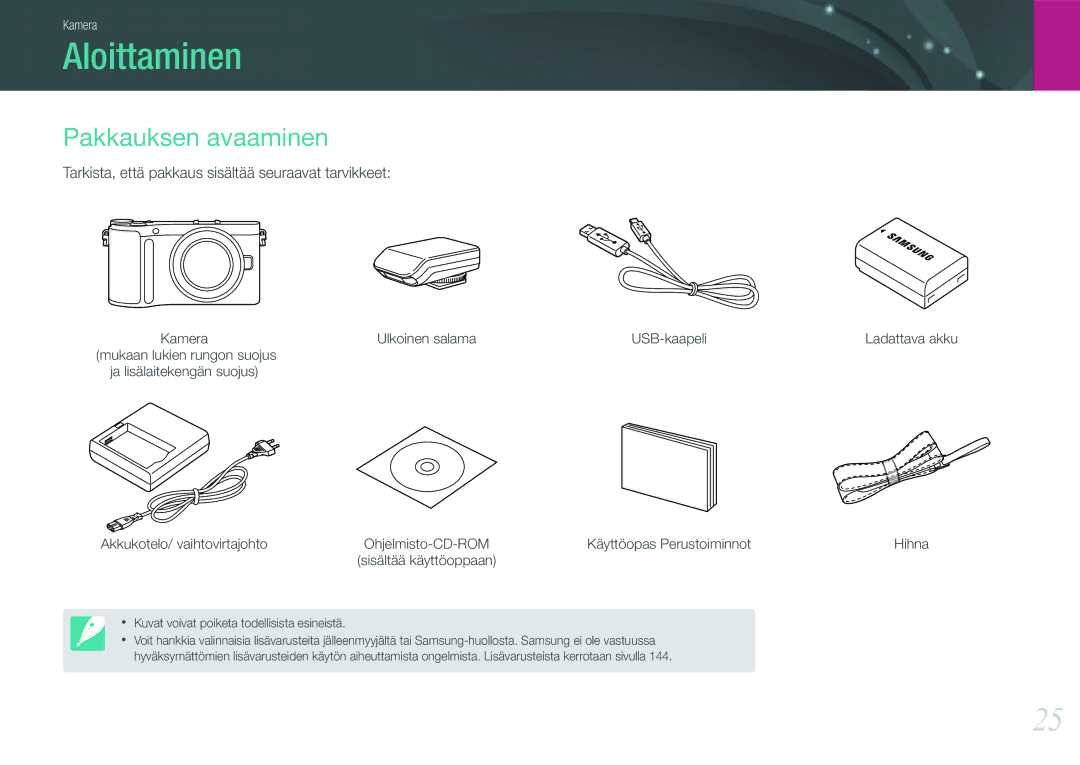 Samsung EV-NX200ZBSBSE manual Aloittaminen, Pakkauksen avaaminen, Tarkista, että pakkaus sisältää seuraavat tarvikkeet 