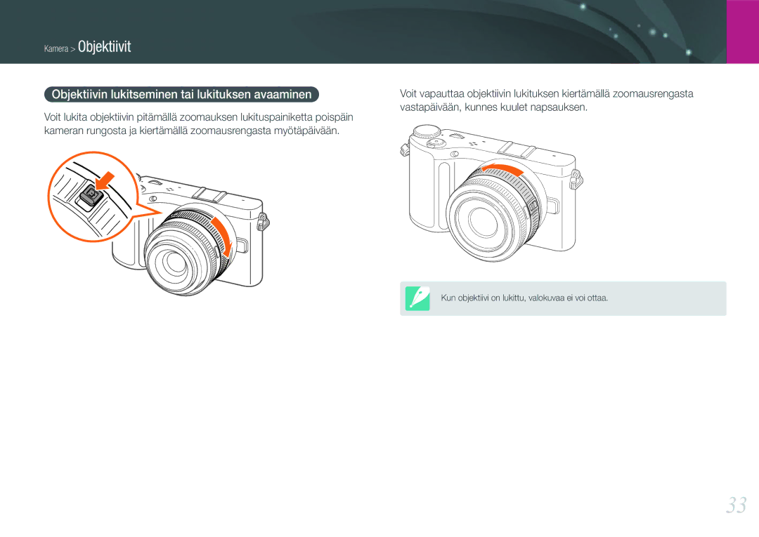 Samsung EV-NX200ZBSBSE, EV-NX200ZBSBDK manual Kamera Objektiivit, Vastapäivään, kunnes kuulet napsauksen 