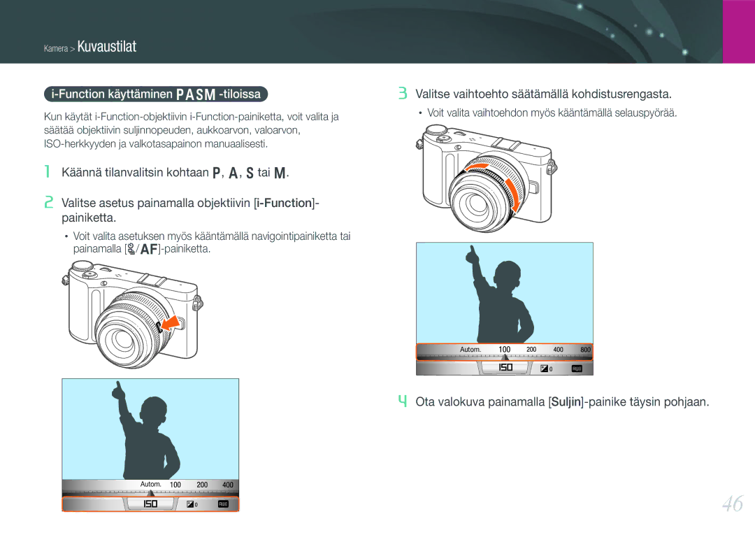 Samsung EV-NX200ZBSBDK, EV-NX200ZBSBSE manual Function käyttäminen Pasm -tiloissa 