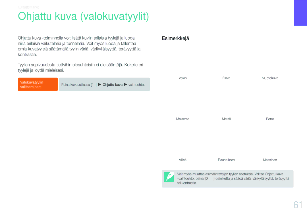 Samsung EV-NX200ZBSBSE, EV-NX200ZBSBDK manual Ohjattu kuva valokuvatyylit 