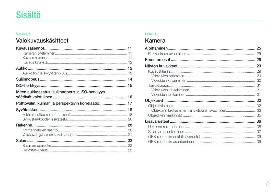 Samsung EV-NX200ZBSBDK, EV-NX200ZBSBSE manual Sisältö, Valokuvauskäsitteet 