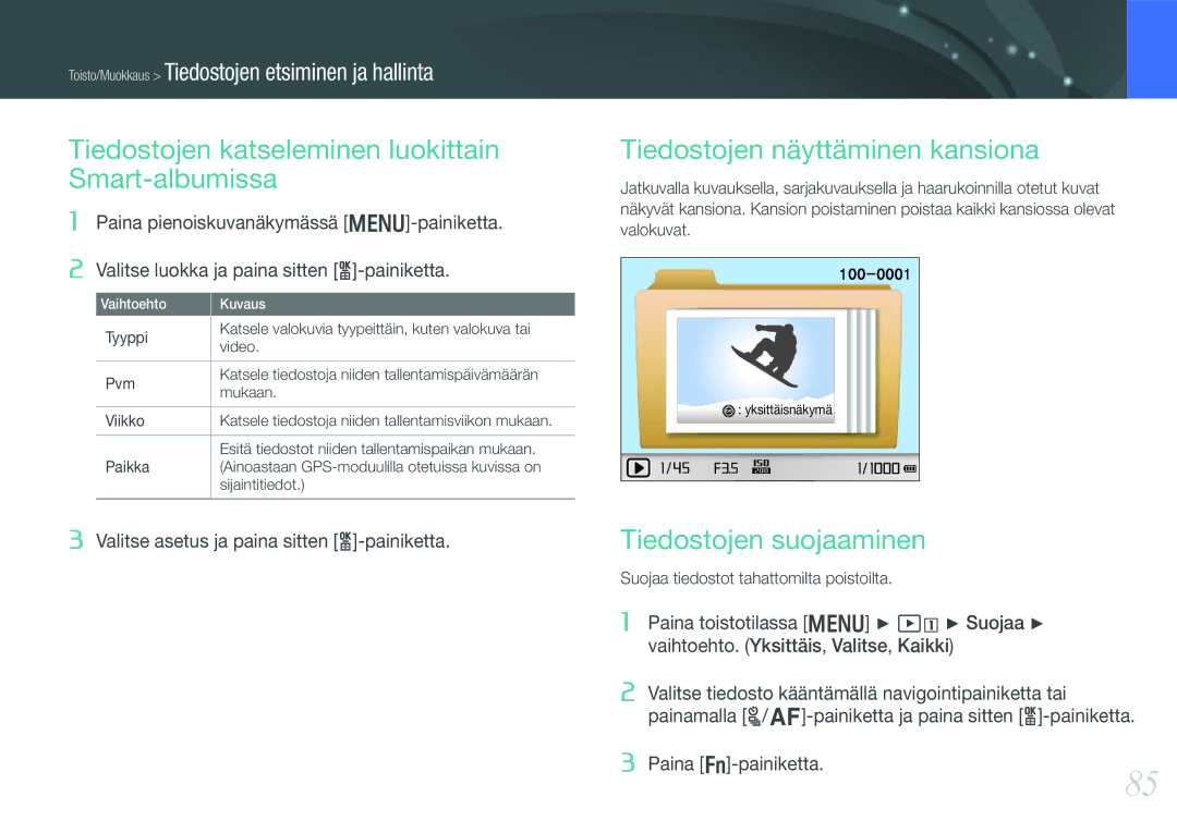 Samsung EV-NX200ZBSBSE manual Tiedostojen katseleminen luokittain Smart-albumissa, Tiedostojen näyttäminen kansiona 