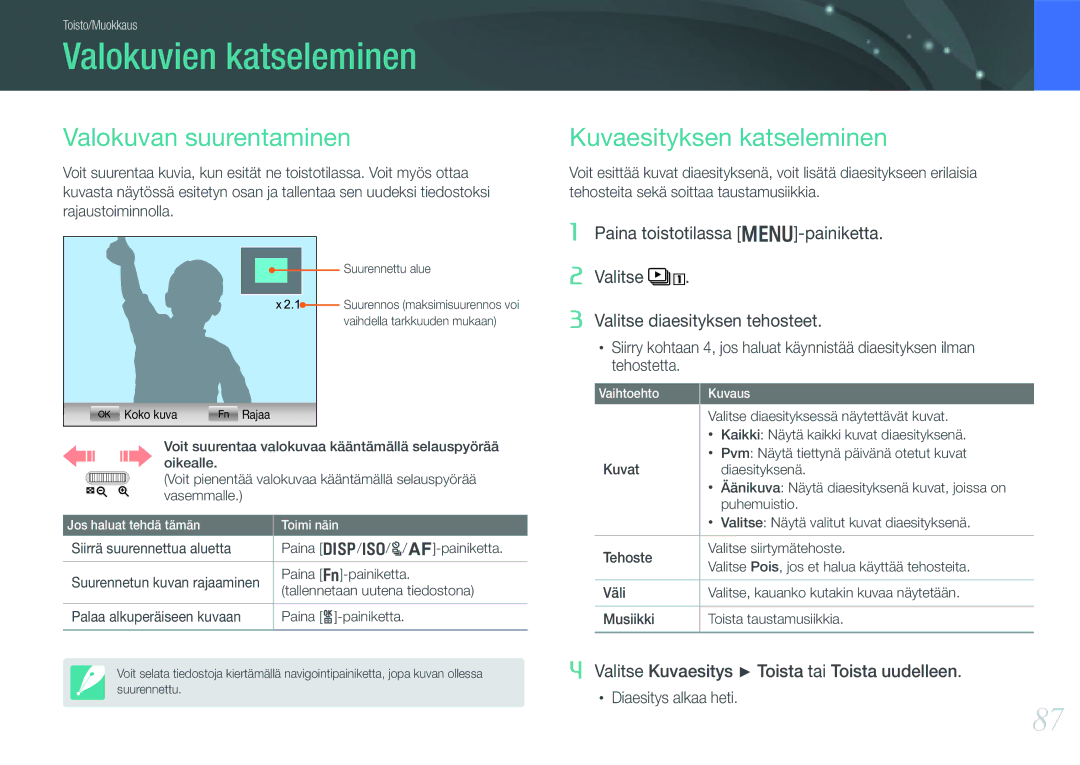 Samsung EV-NX200ZBSBSE manual Valokuvien katseleminen, Valokuvan suurentaminen, Valitse diaesityksessä näytettävät kuvat 