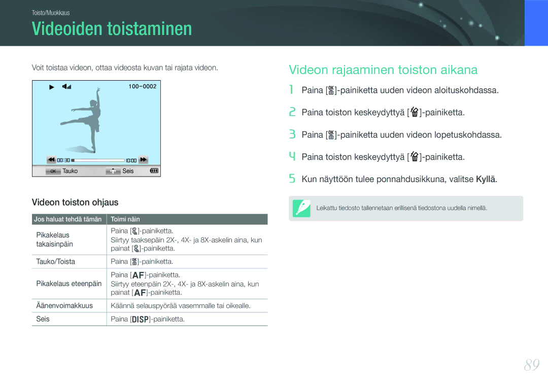 Samsung EV-NX200ZBSBSE, EV-NX200ZBSBDK manual Videoiden toistaminen, Videon rajaaminen toiston aikana, Videon toiston ohjaus 