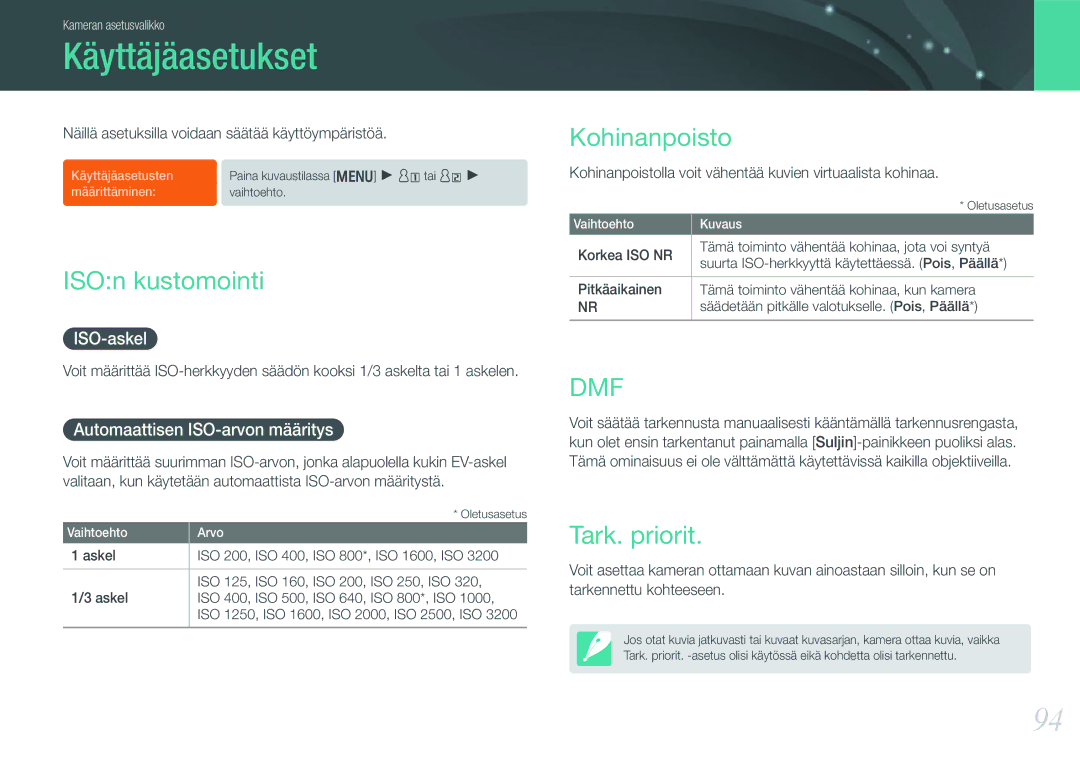 Samsung EV-NX200ZBSBDK, EV-NX200ZBSBSE manual Käyttäjäasetukset, ISOn kustomointi, Kohinanpoisto, Tark. priorit 