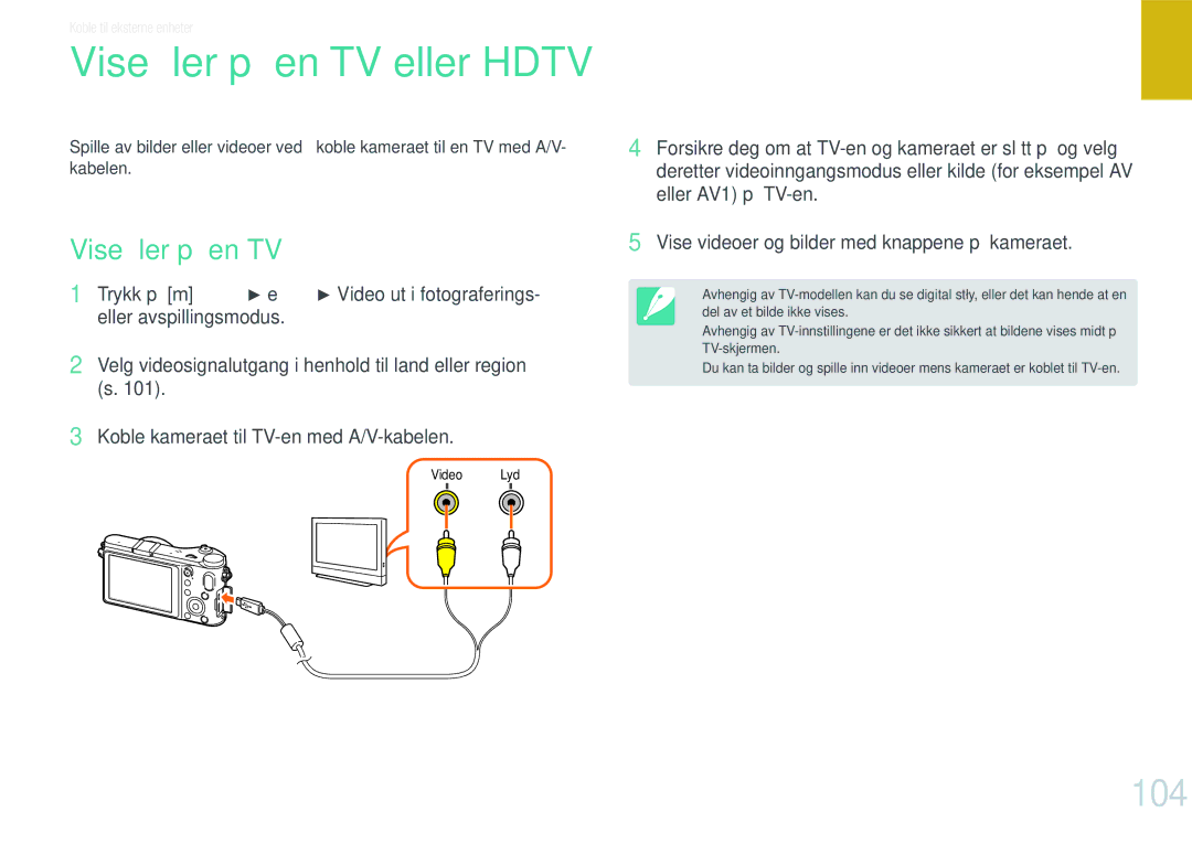 Samsung EV-NX200ZBSBDK, EV-NX200ZBSBSE manual Vise ﬁler på en TV eller Hdtv, 104 