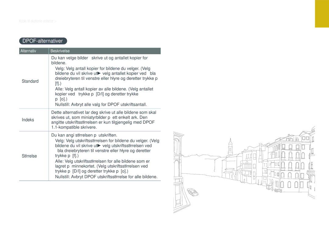 Samsung EV-NX200ZBSBSE, EV-NX200ZBSBDK manual 109, DPOF-alternativer 