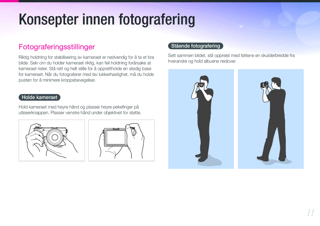 Samsung EV-NX200ZBSBSE, EV-NX200ZBSBDK manual Holde kameraet, Stående fotografering 